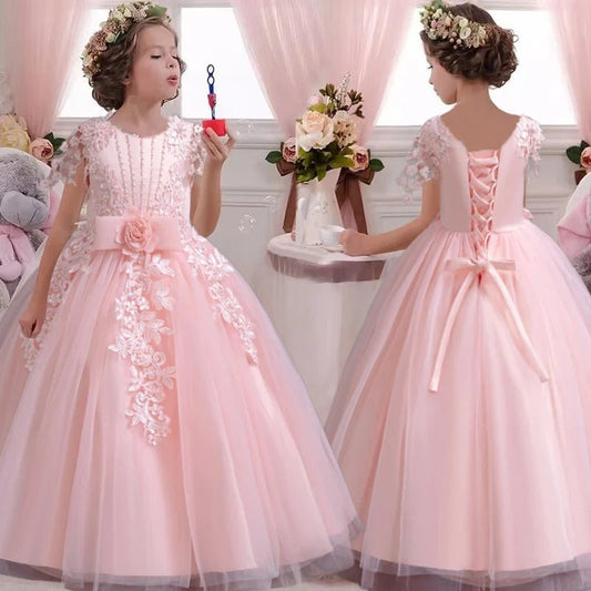 Lace up Tulle Flower Girl Dress Chest with flowers First Communion Ball Gown Wedding Party Bridesmaid Dress Kids 12Y - PratSN