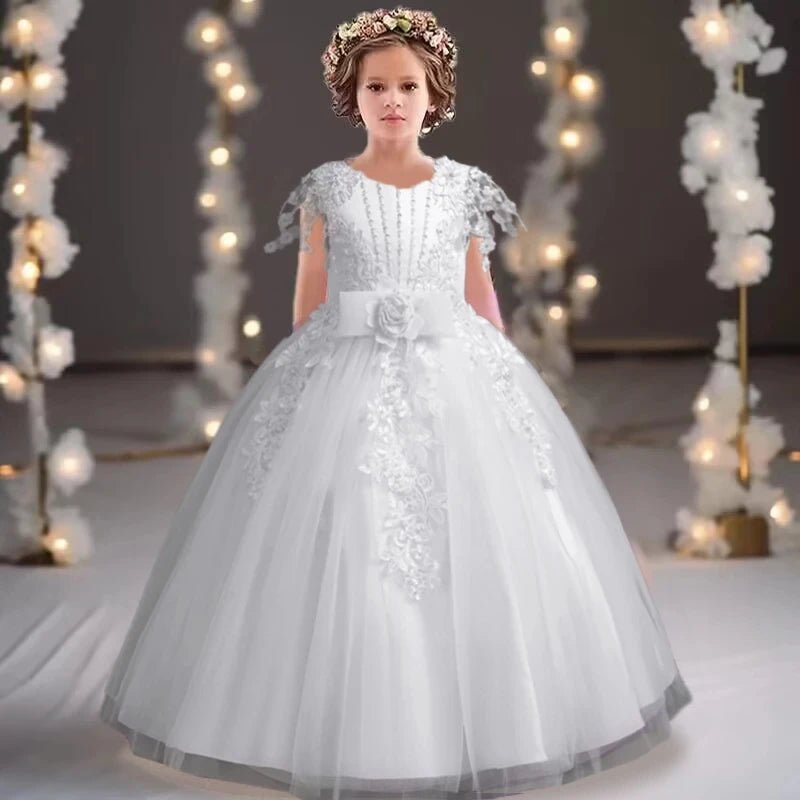 Lace up Tulle Flower Girl Dress Chest with flowers First Communion Ball Gown Wedding Party Bridesmaid Dress Kids 12Y - PratSN