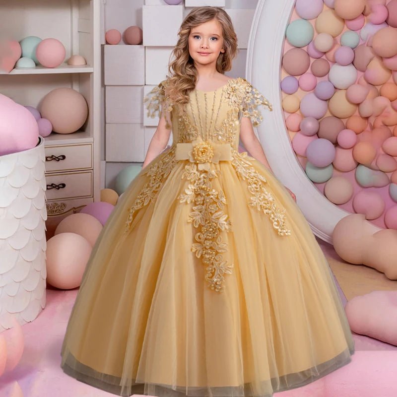 Lace up Tulle Flower Girl Dress Chest with flowers First Communion Ball Gown Wedding Party Bridesmaid Dress Kids 12Y - PratSN