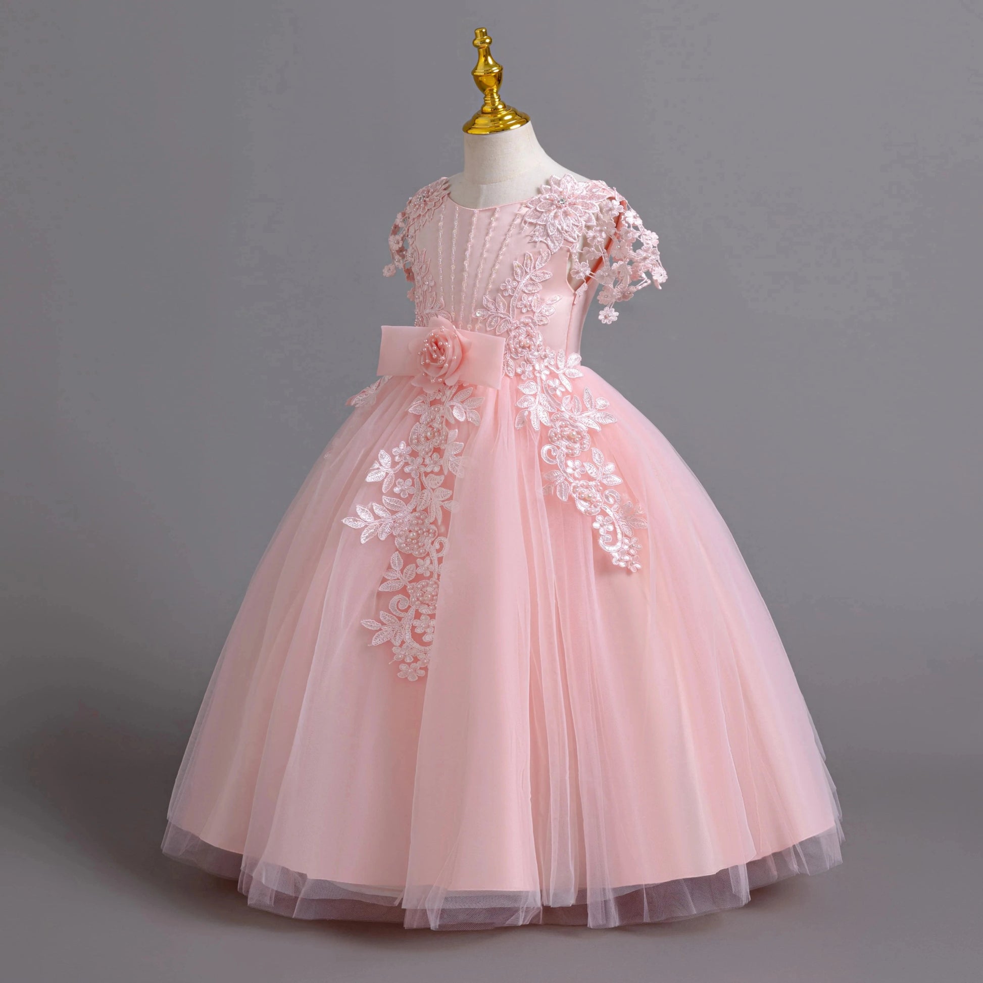 Lace up Tulle Flower Girl Dress Chest with flowers First Communion Ball Gown Wedding Party Bridesmaid Dress Kids 12Y - PratSN