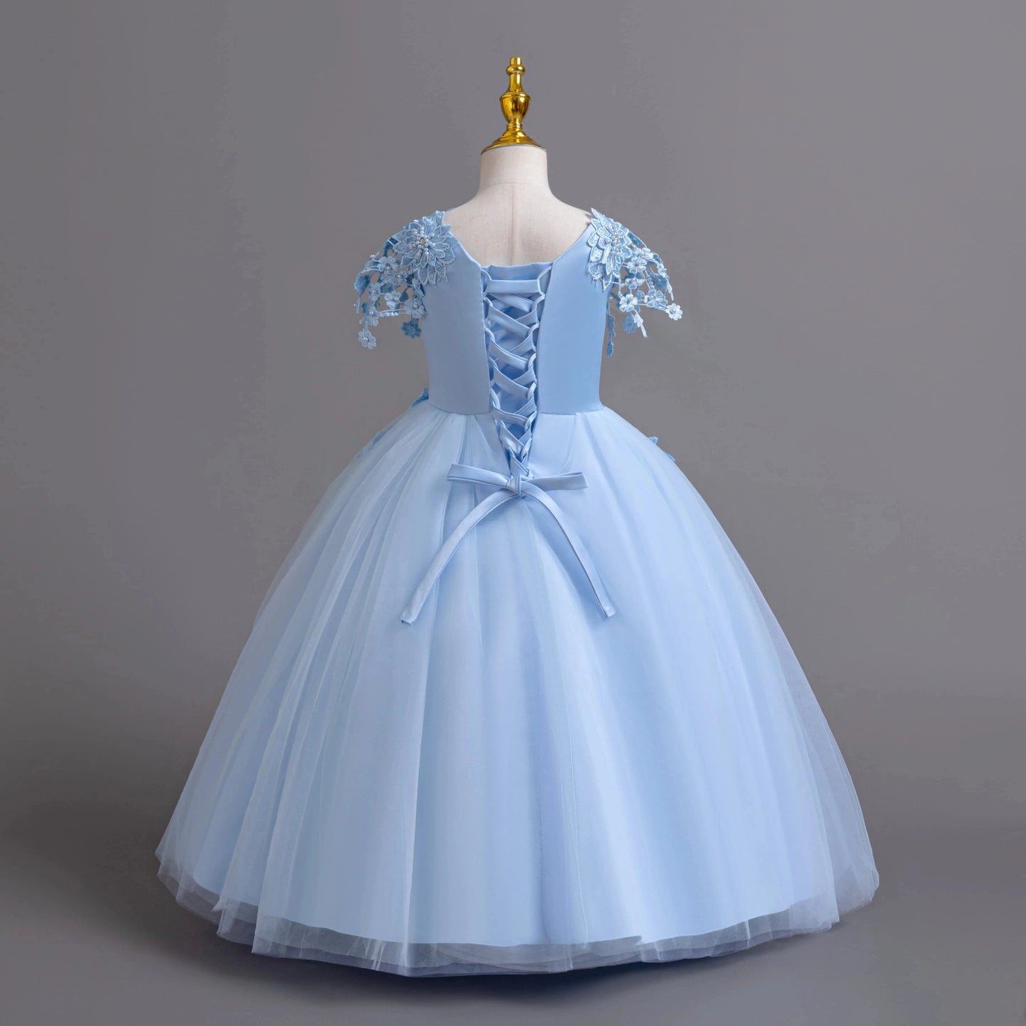 Lace up Tulle Flower Girl Dress Chest with flowers First Communion Ball Gown Wedding Party Bridesmaid Dress Kids 12Y - PratSN