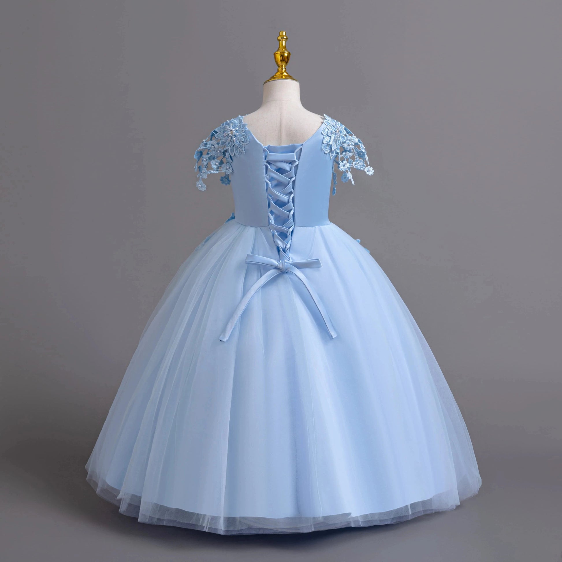 Lace up Tulle Flower Girl Dress Chest with flowers First Communion Ball Gown Wedding Party Bridesmaid Dress Kids 12Y - PratSN