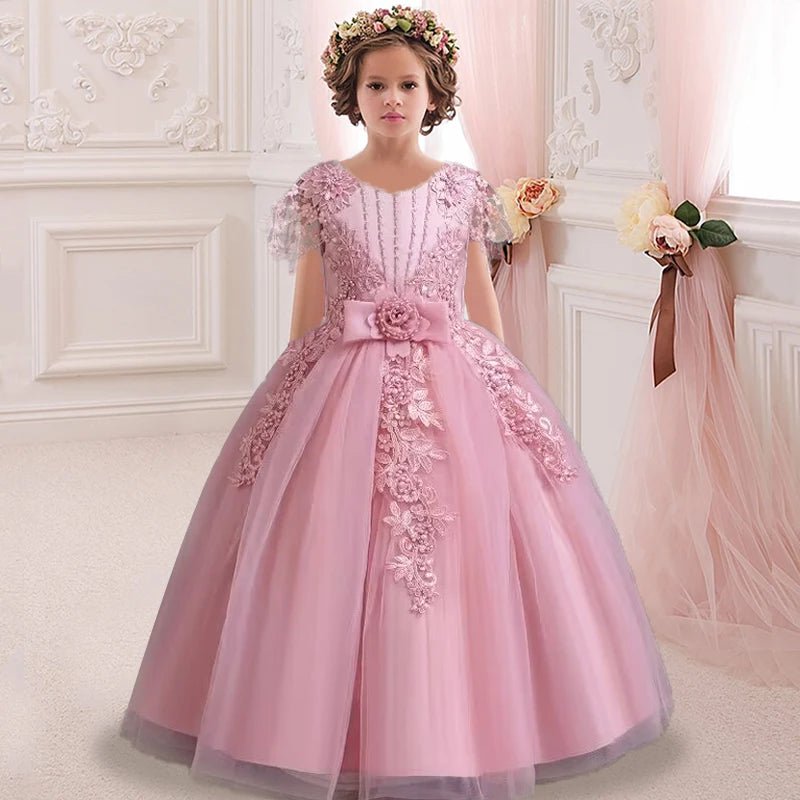 Lace up Tulle Flower Girl Dress Chest with flowers First Communion Ball Gown Wedding Party Bridesmaid Dress Kids 12Y - PratSN