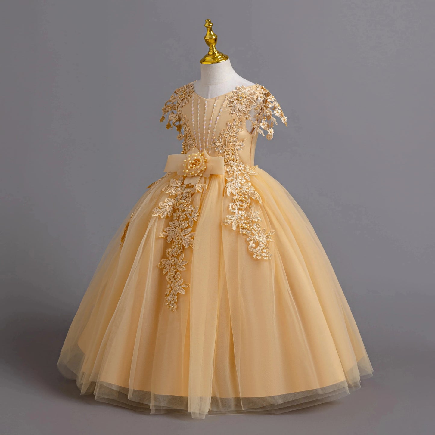 Lace up Tulle Flower Girl Dress Chest with flowers First Communion Ball Gown Wedding Party Bridesmaid Dress Kids 12Y - PratSN