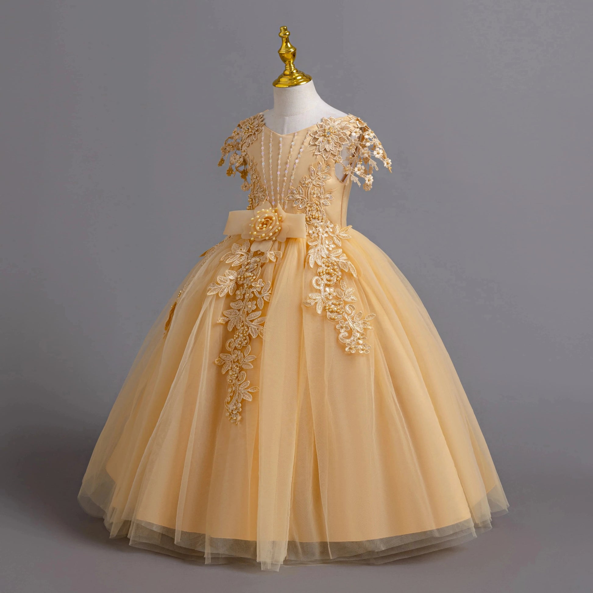 Lace up Tulle Flower Girl Dress Chest with flowers First Communion Ball Gown Wedding Party Bridesmaid Dress Kids 12Y - PratSN