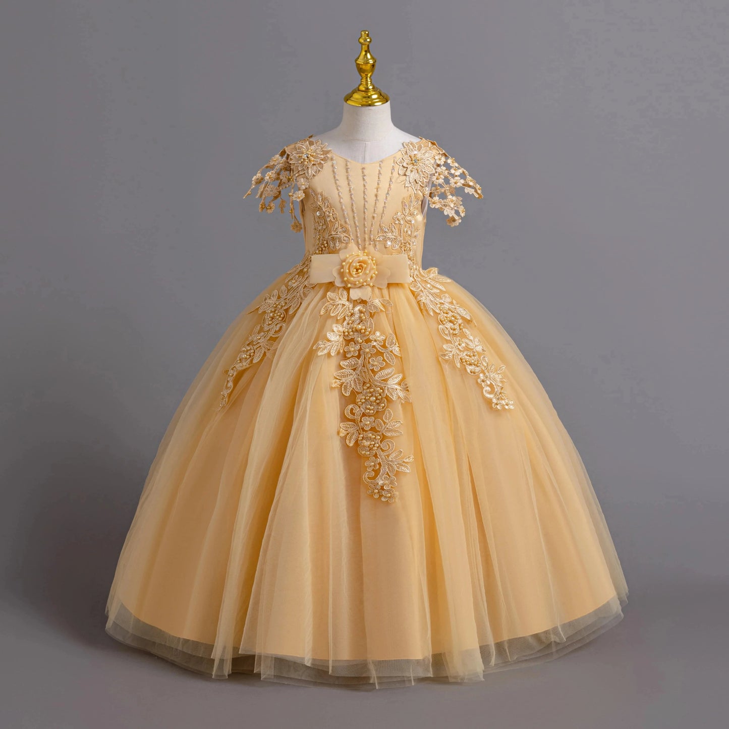 Lace up Tulle Flower Girl Dress Chest with flowers First Communion Ball Gown Wedding Party Bridesmaid Dress Kids 12Y - PratSN