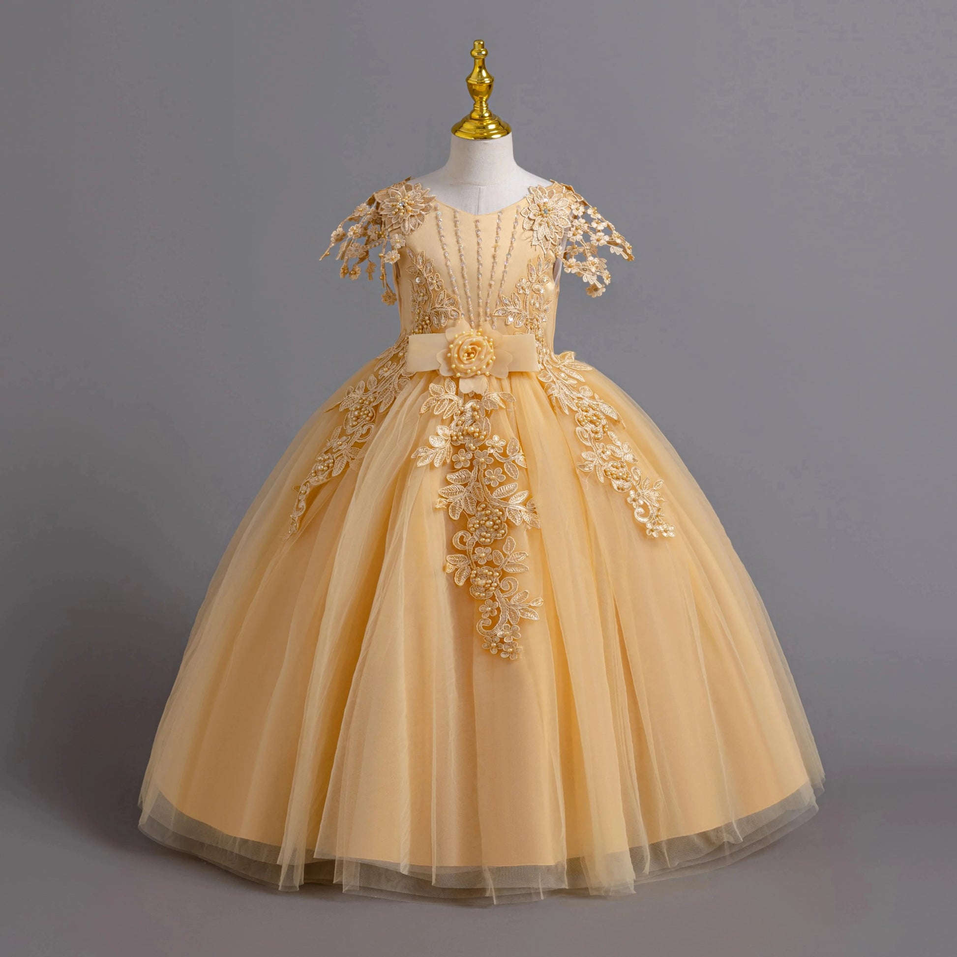 Lace up Tulle Flower Girl Dress Chest with flowers First Communion Ball Gown Wedding Party Bridesmaid Dress Kids 12Y - PratSN