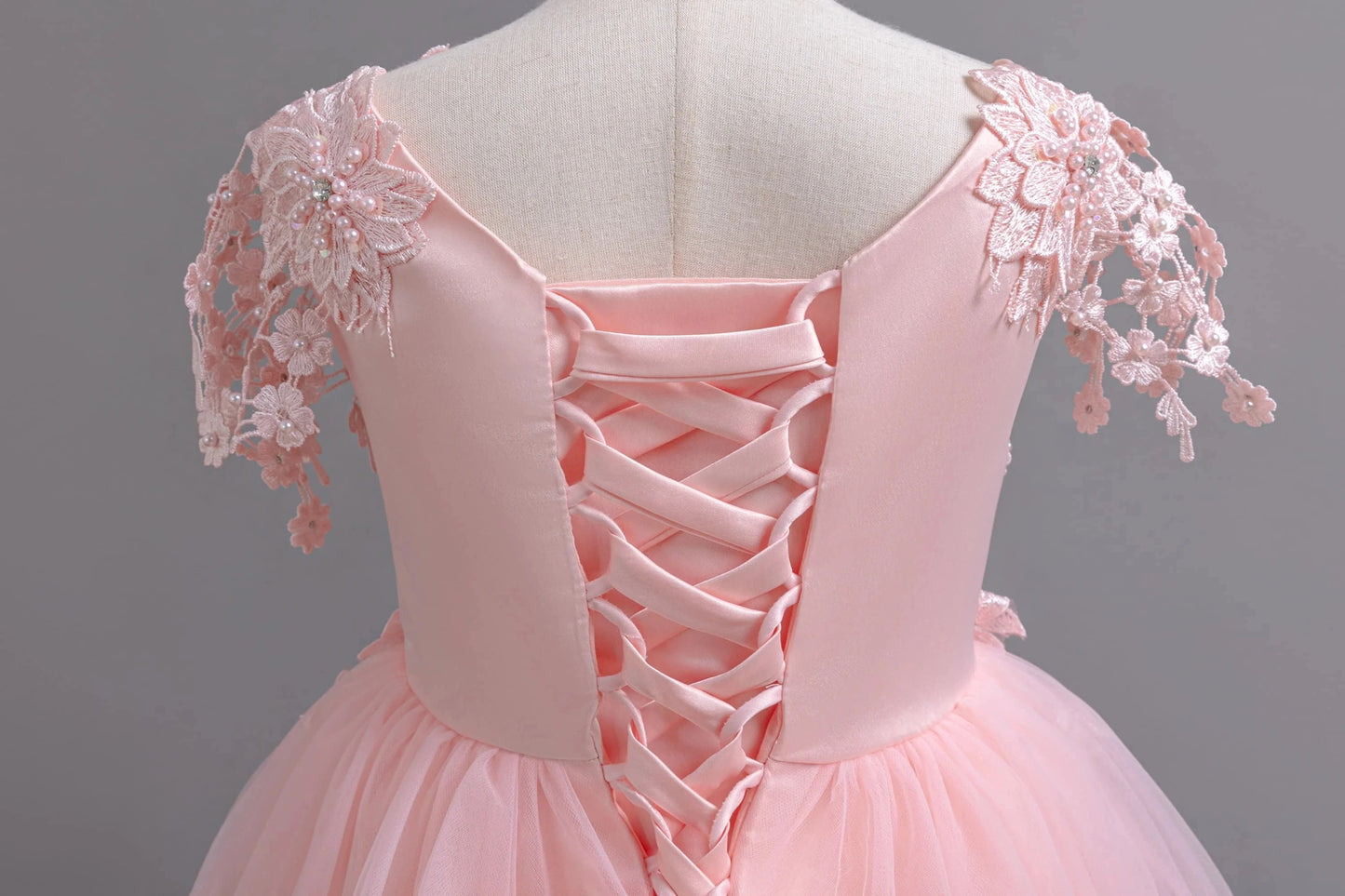 Lace up Tulle Flower Girl Dress Chest with flowers First Communion Ball Gown Wedding Party Bridesmaid Dress Kids 12Y - PratSN