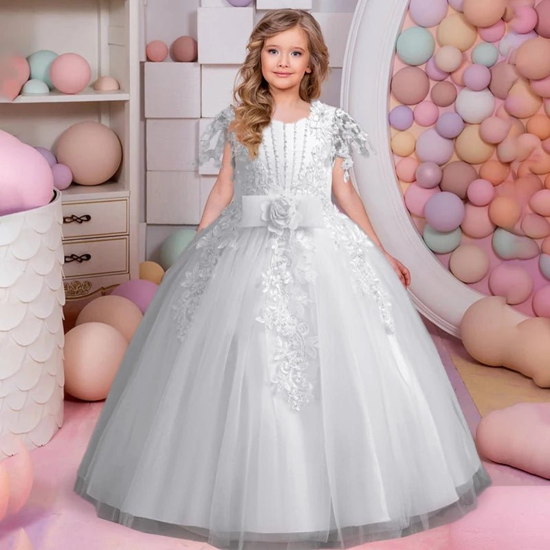 Lace up Tulle Flower Girl Dress Chest with flowers First Communion Ball Gown Wedding Party Bridesmaid Dress Kids 12Y - PratSN