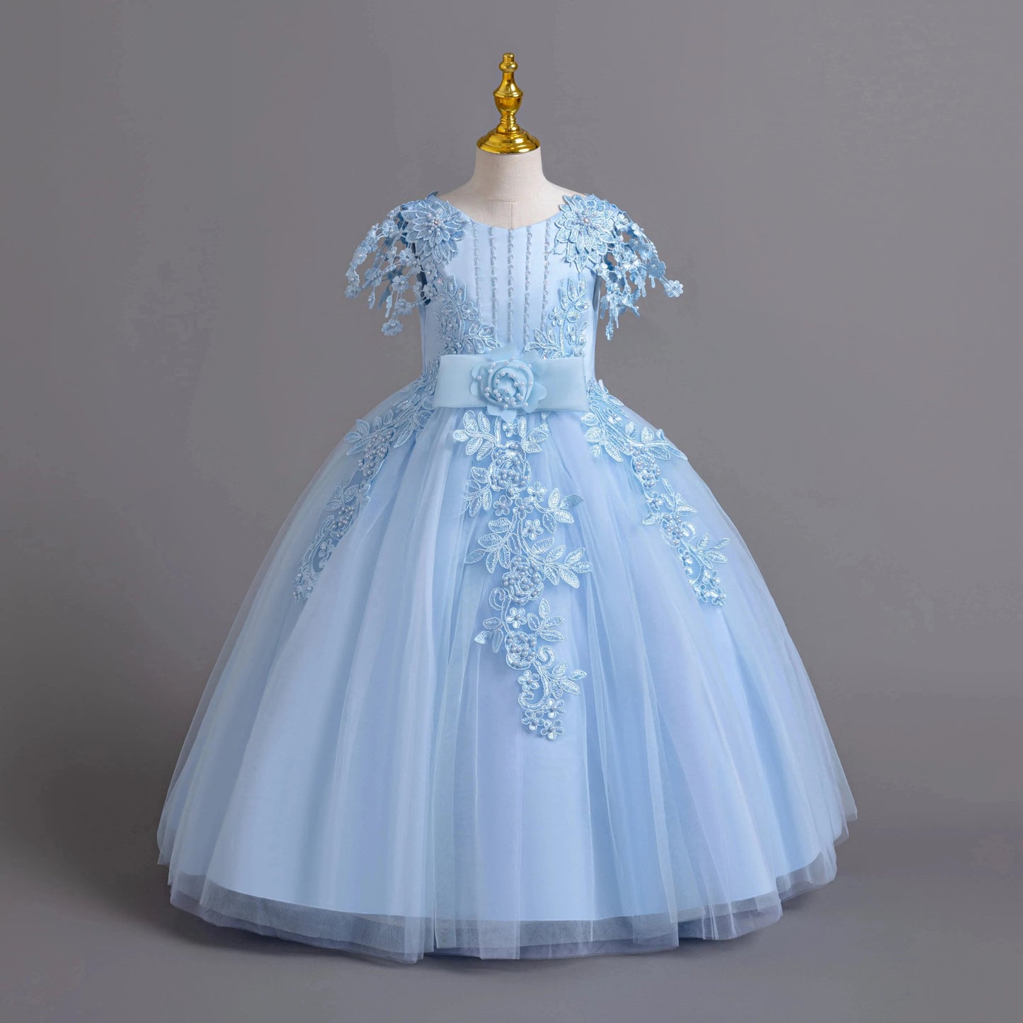 Lace up Tulle Flower Girl Dress Chest with flowers First Communion Ball Gown Wedding Party Bridesmaid Dress Kids 12Y - PratSN