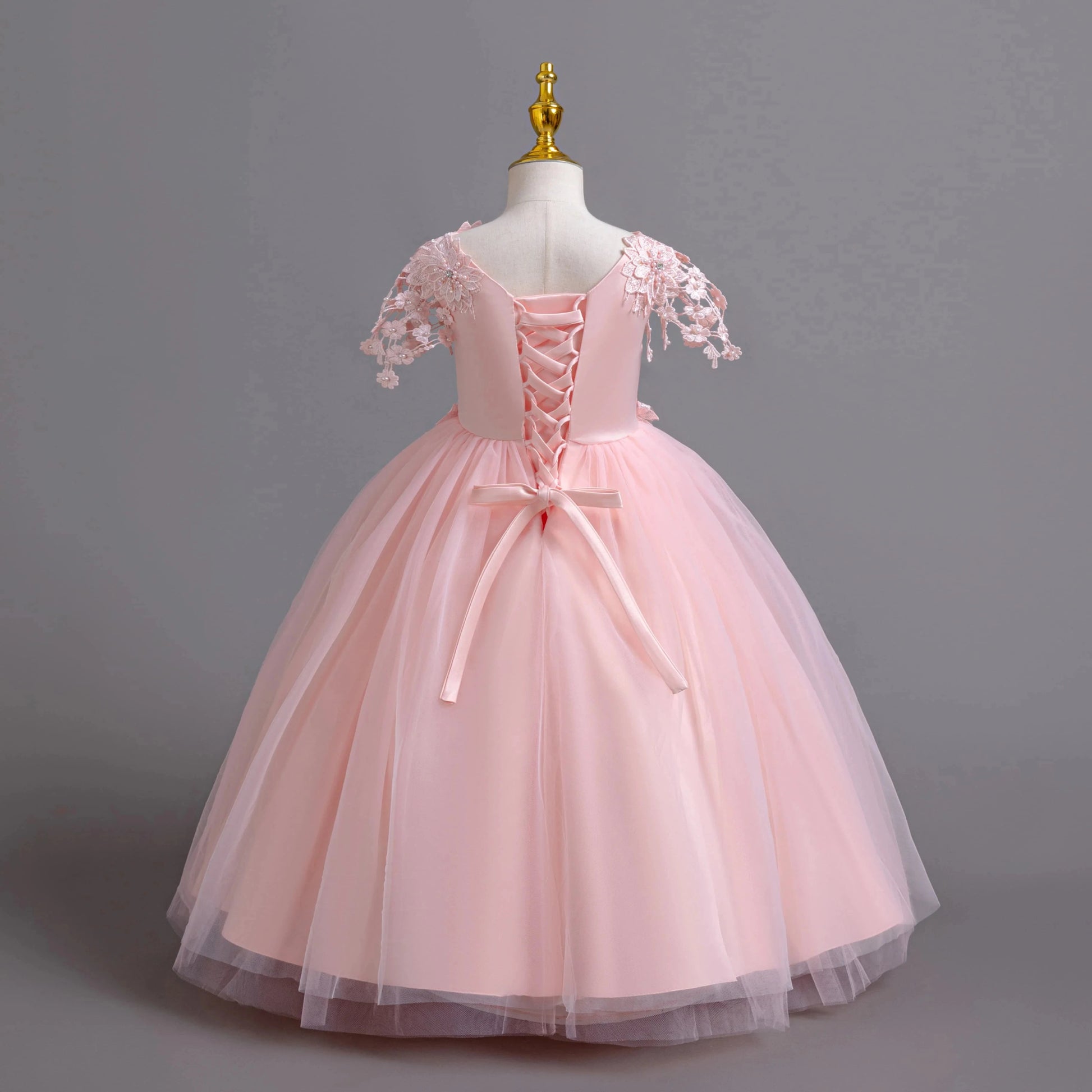 Lace up Tulle Flower Girl Dress Chest with flowers First Communion Ball Gown Wedding Party Bridesmaid Dress Kids 12Y - PratSN