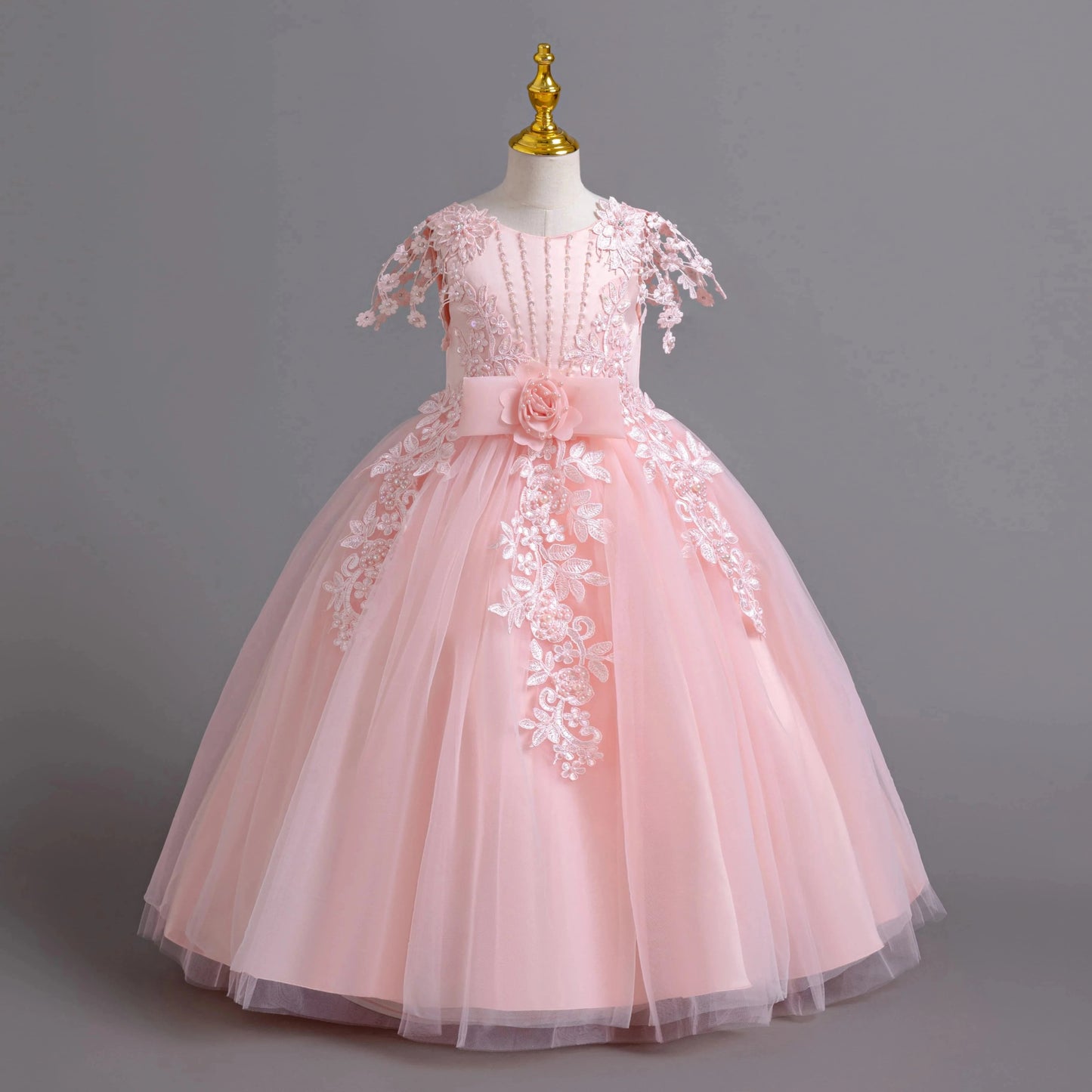 Lace up Tulle Flower Girl Dress Chest with flowers First Communion Ball Gown Wedding Party Bridesmaid Dress Kids 12Y - PratSN