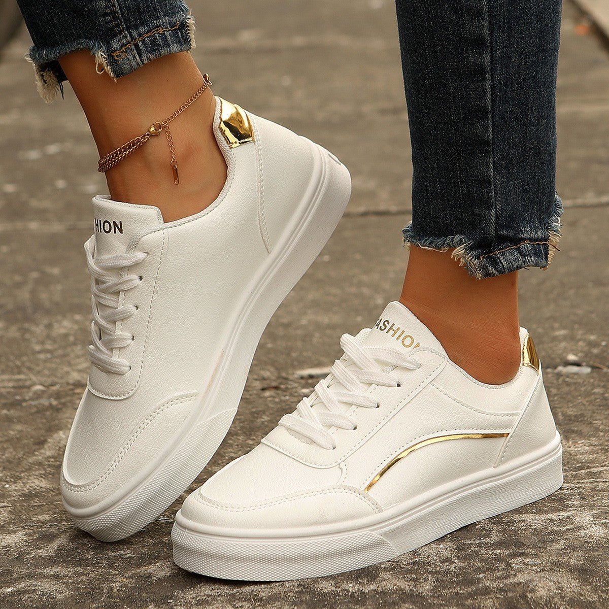 Lace - up White Flats Shoes Fashion Round Toe Slip - on Thick Sole Casual Shoes For Women - PratSN