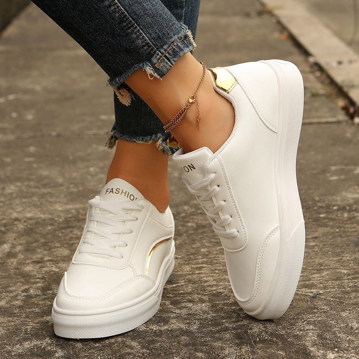 Lace - up White Flats Shoes Fashion Round Toe Slip - on Thick Sole Casual Shoes For Women - PratSN