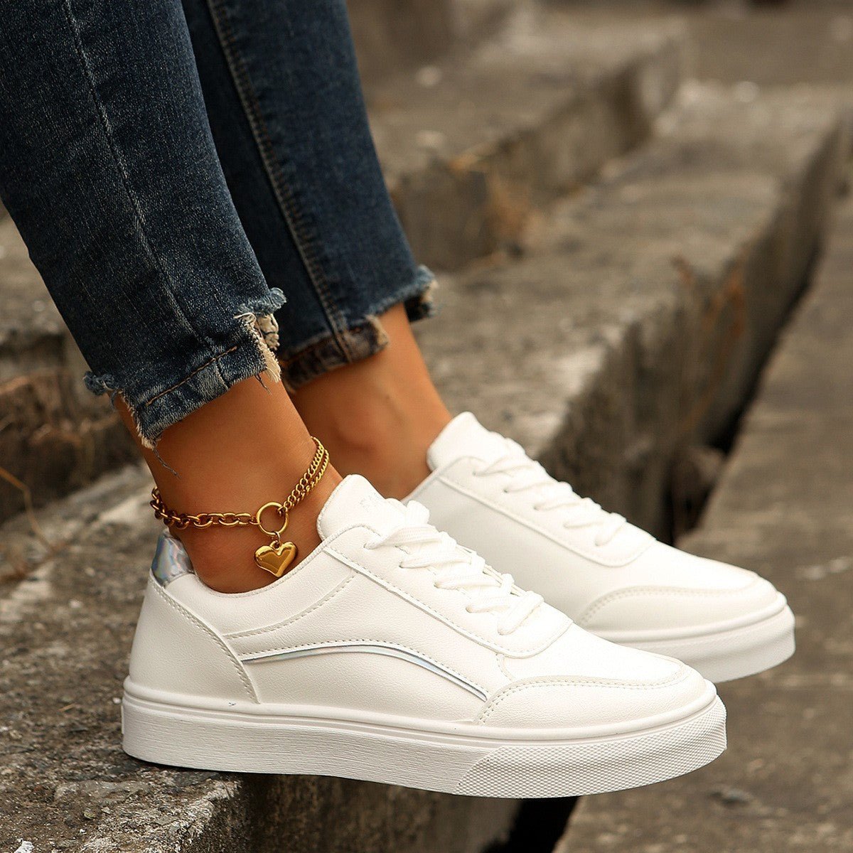Lace - up White Flats Shoes Fashion Round Toe Slip - on Thick Sole Casual Shoes For Women - PratSN