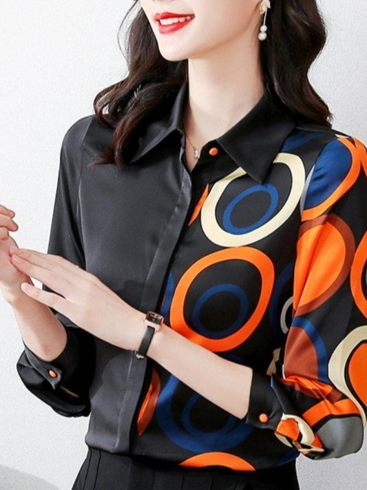 Ladies Black Printed Long - sleeved Satin Shirt - PratSN