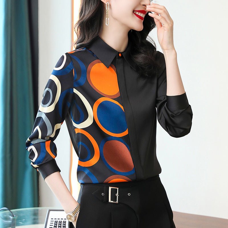 Ladies Black Printed Long - sleeved Satin Shirt - PratSN