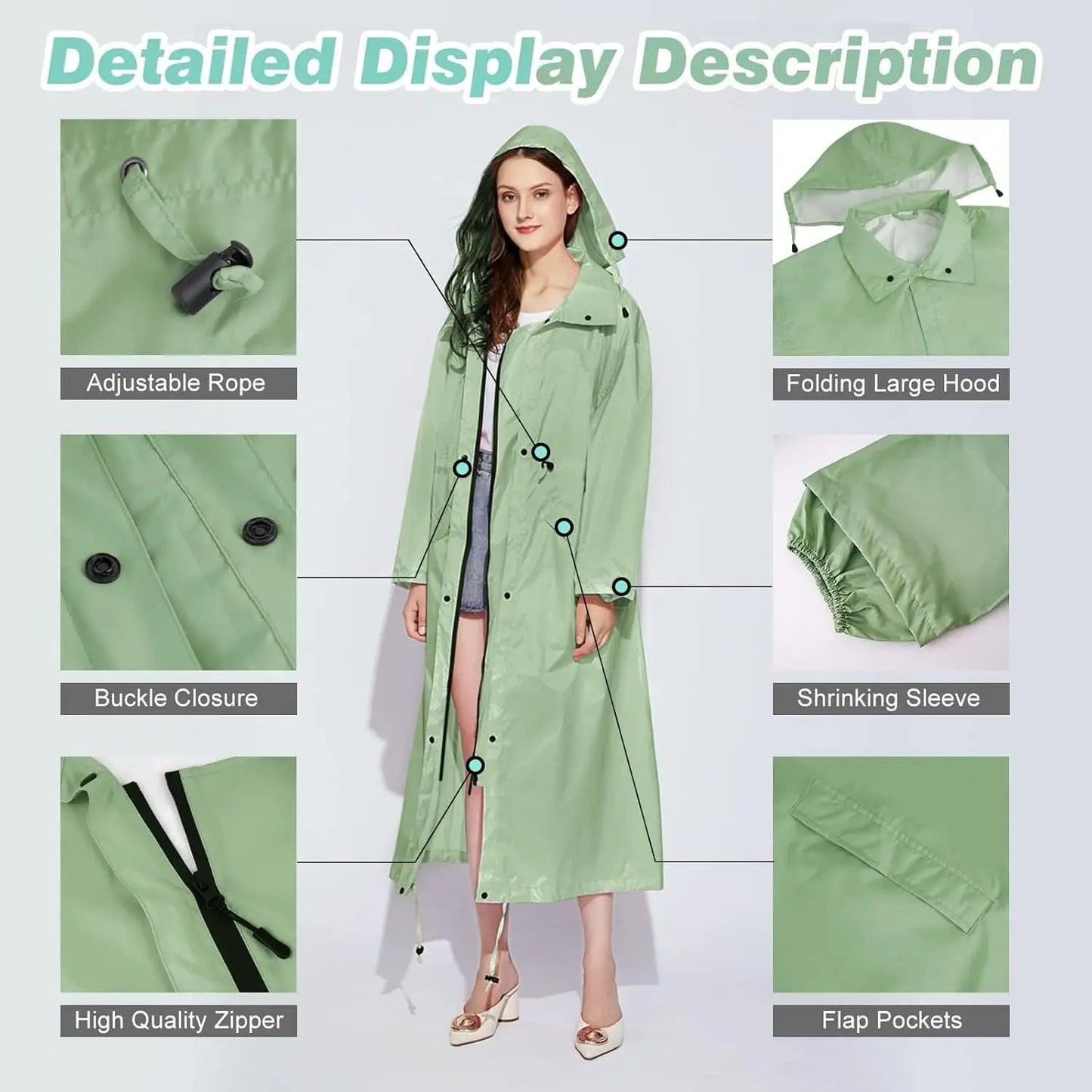 Ladies Long Raincoats Rain Jacket Waterproof Packable Hooded Windbreaker Lightweight Adjustable Waist Outdoor Protection Storm - PratSN