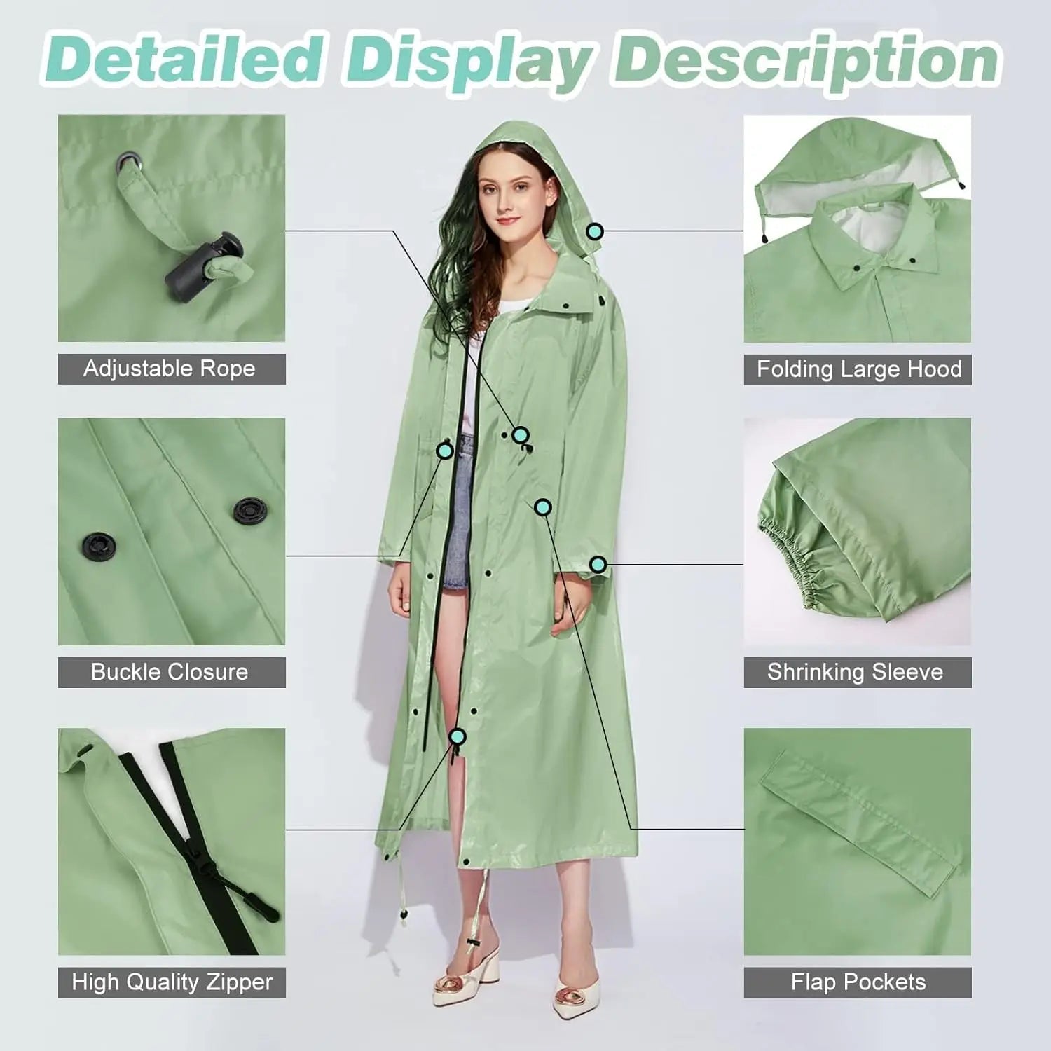 Ladies Long Raincoats Rain Jacket Waterproof Packable Hooded Windbreaker Lightweight Adjustable Waist Outdoor Protection Storm - PratSN