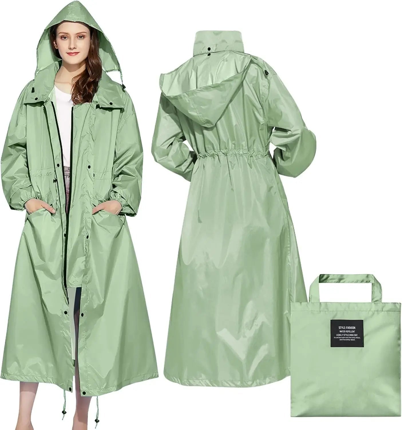 Ladies Long Raincoats Rain Jacket Waterproof Packable Hooded Windbreaker Lightweight Adjustable Waist Outdoor Protection Storm - PratSN