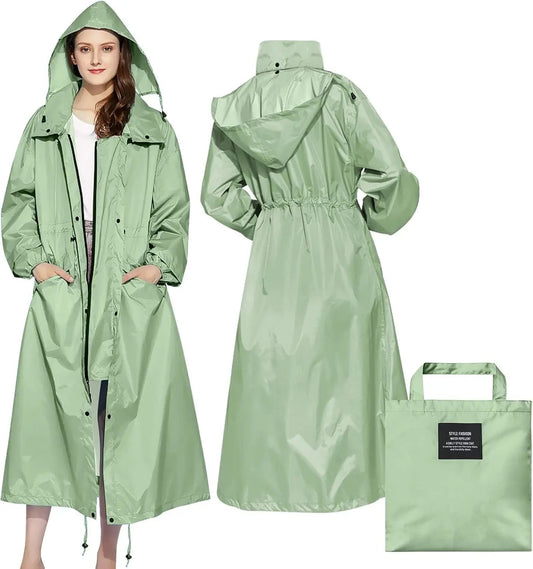 Ladies Long Raincoats Rain Jacket Waterproof Packable Hooded Windbreaker Lightweight Adjustable Waist Outdoor Protection Storm - PratSN