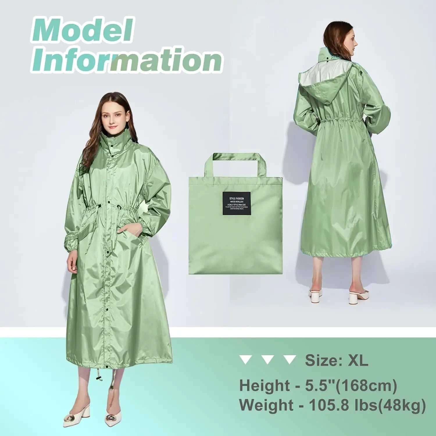 Ladies Long Raincoats Rain Jacket Waterproof Packable Hooded Windbreaker Lightweight Adjustable Waist Outdoor Protection Storm - PratSN