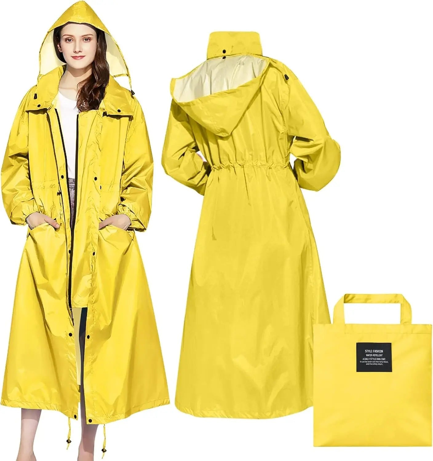 Ladies Long Raincoats Rain Jacket Waterproof Packable Hooded Windbreaker Lightweight Adjustable Waist Outdoor Protection Storm - PratSN