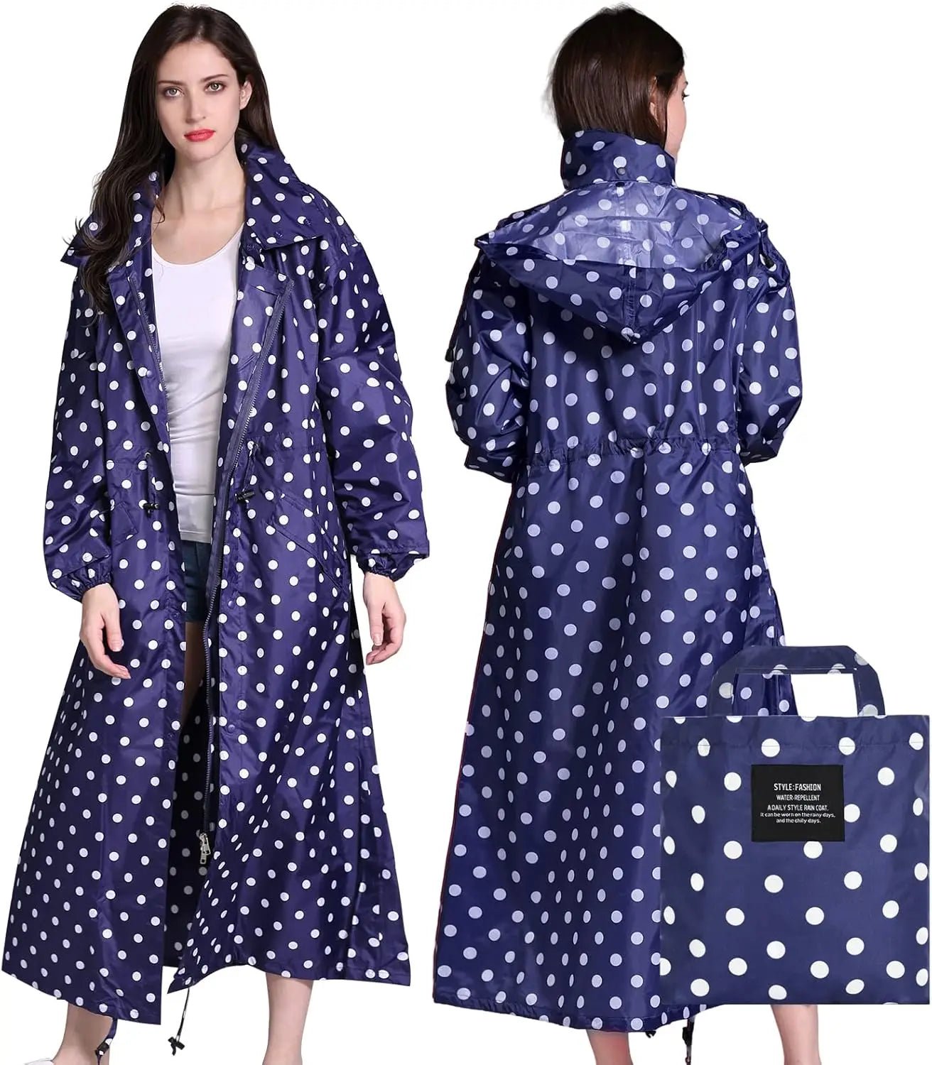 Ladies Long Raincoats Rain Jacket Waterproof Packable Hooded Windbreaker Lightweight Adjustable Waist Outdoor Protection Storm - PratSN