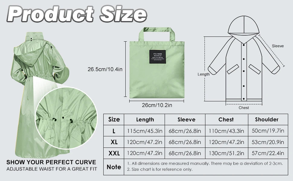 Ladies Long Raincoats Rain Jacket Waterproof Packable Hooded Windbreaker Lightweight Adjustable Waist Outdoor Protection Storm - PratSN