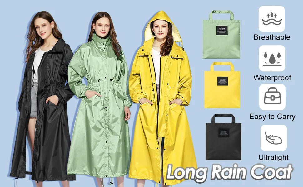 Ladies Long Raincoats Rain Jacket Waterproof Packable Hooded Windbreaker Lightweight Adjustable Waist Outdoor Protection Storm - PratSN