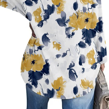 Ladies' Loose Solid Flower Print Casual Long Sleeved V - neck Casual Daily T-shirt Top - PratSN