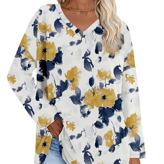 Ladies' Loose Solid Flower Print Casual Long Sleeved V - neck Casual Daily T-shirt Top - PratSN