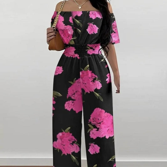 Ladies' One Shoulder Floral Print Waist Cinching Off Shoulder Sexy Fashion Jumpsuit - PratSN