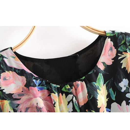 Ladies retro floral print ruffled mini dress - PratSN