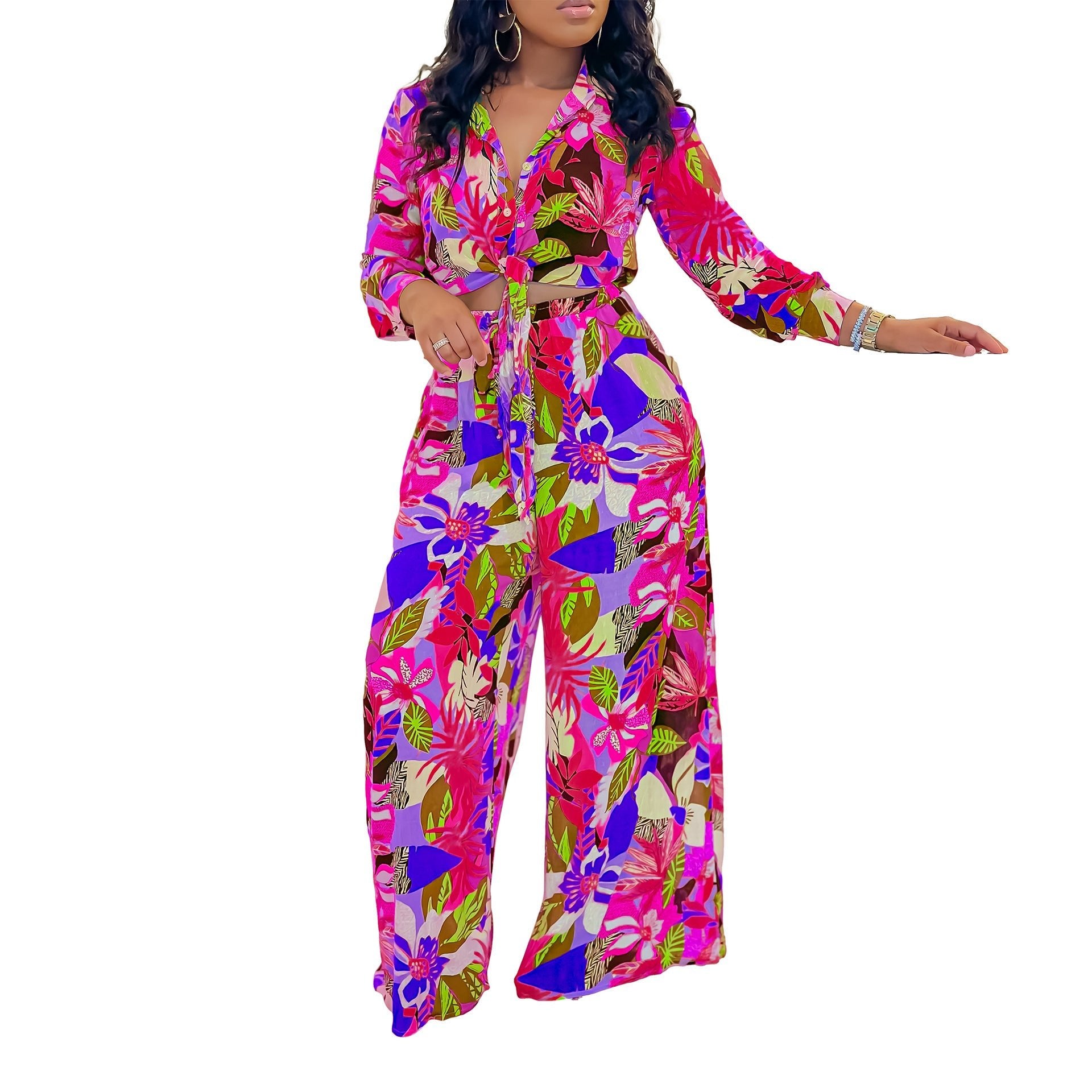 Lapel Lace - up Shirt Wide - leg Pants Suit - PratSN