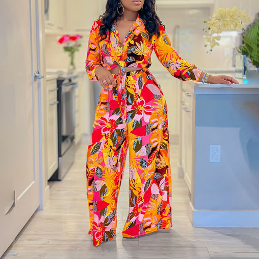 Lapel Lace - up Shirt Wide - leg Pants Suit - PratSN