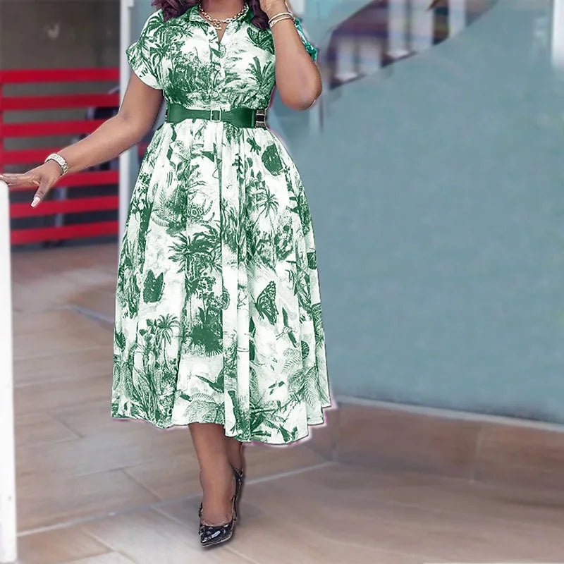 Latest Design Summer Dress Lapel Button Printing Dress Short Sleeve Waistband Shirt Dress Without Belt - PratSN
