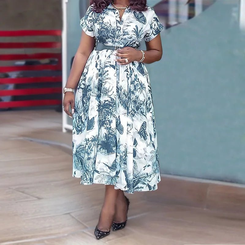 Latest Design Summer Dress Lapel Button Printing Dress Short Sleeve Waistband Shirt Dress Without Belt - PratSN