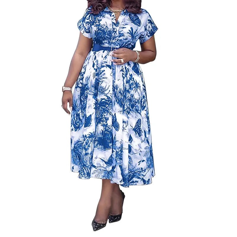 Latest Design Summer Dress Lapel Button Printing Dress Short Sleeve Waistband Shirt Dress Without Belt - PratSN