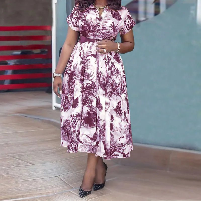 Latest Design Summer Dress Lapel Button Printing Dress Short Sleeve Waistband Shirt Dress Without Belt - PratSN