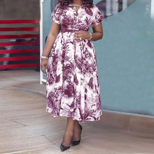 Latest Design Summer Dress Lapel Button Printing Dress Short Sleeve Waistband Shirt Dress Without Belt - PratSN