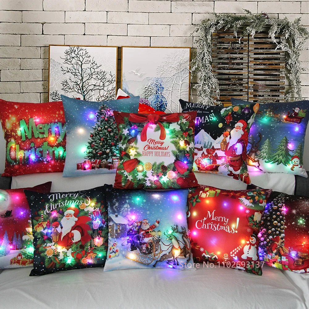 LED Light Santa Claus Cushion Cover Merry Christmas Decoration Throw Pillow Home Square Pillowcase Sofa Cushion New Year Pillow - PratSN