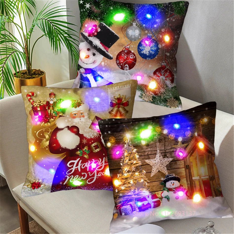 LED Light Santa Claus Cushion Cover Merry Christmas Decoration Throw Pillow Home Square Pillowcase Sofa Cushion New Year Pillow - PratSN