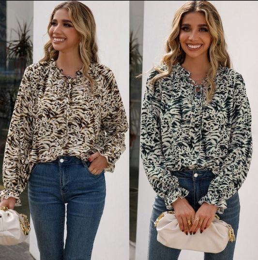 Leopard Print Long - sleeved V - neck Shirt - PratSN