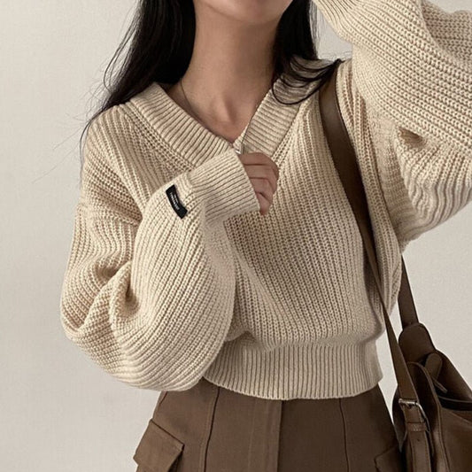 Letter Patch Loose Leisure All - matching Long Sleeve Knitted Pullover Sweater - PratSN
