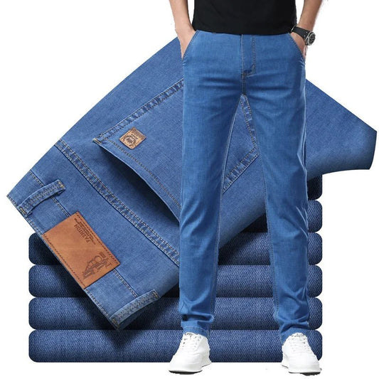 Light Blue Classic Business Casual Cotton Pants Fashion Breathable Denim Elastic Trousers Brand Men's Clothing Straight Jeans - PratSN