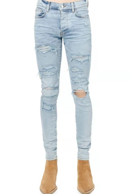 Light Colored Hot Diamond Patch With Holes In Elastic Tight Jeans For Men - PratSN