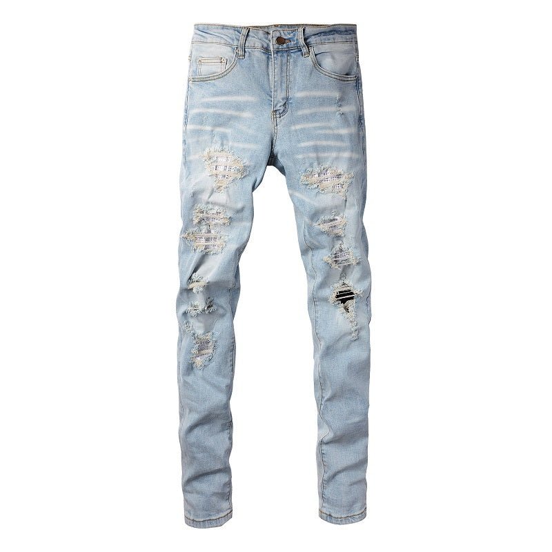 Light Colored Hot Diamond Patch With Holes In Elastic Tight Jeans For Men - PratSN
