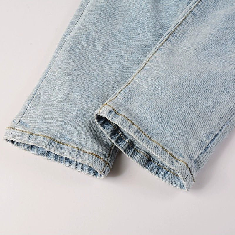Light Colored Hot Diamond Patch With Holes In Elastic Tight Jeans For Men - PratSN