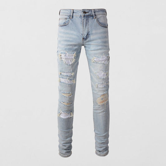 Light Colored Hot Diamond Patch With Holes In Elastic Tight Jeans For Men - PratSN